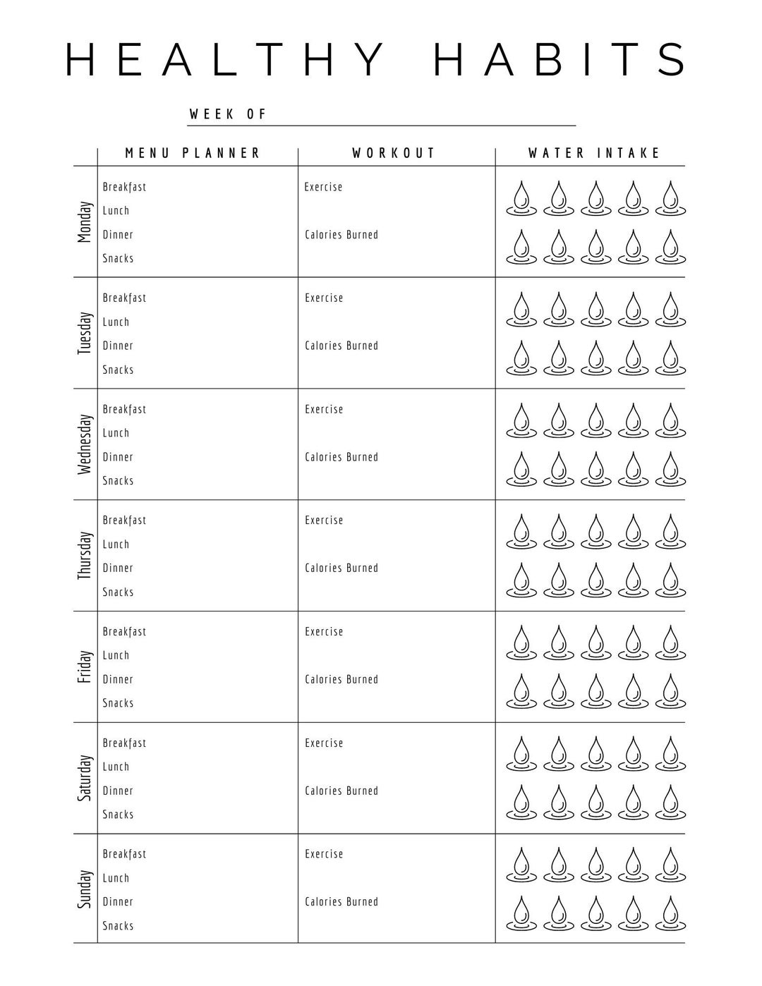 Healthy Habits Planner, Printable Planner, Weekly Planner, Fitness ...