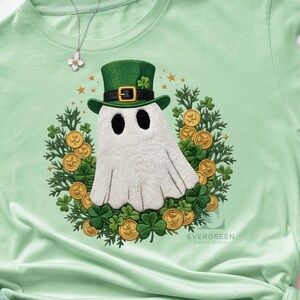 St. Patrick's Day Ghost PNG, Shamrock Leprechaun Hat, Gold Coin Embroidery Effect (Digital Download)