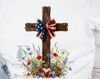 Amerikaanse gerafelde boog robuust kruis piket rustiek digitaal png-ontwerp | Herdenkingskruis veldwilde bloemen met sterren en strepen