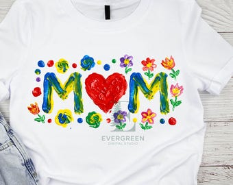 Jeugd vingerverf moeder shirt design, Moederdag digitale download, handgeschilderd hart png, lente bloemen Momma sublimatie