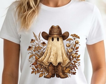 Westerse spook sublimatie PNG, cowboyhoed en laarzen nep-borduurwerk ontwerp, rustieke herfstbloemen PNG, cowgirl Halloween digitale download