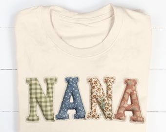Nana Patchwork PNG, gewatteerde oma-letters, vintage stofstijl (digitale download)