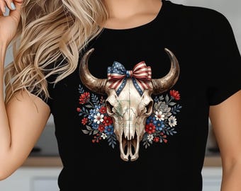 Patriottische stierenschedel PNG, Western Boho Fourth of July digitale download, Amerikaanse vlag boog koeschedel sublimatie