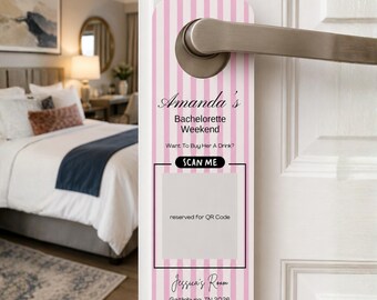 Deurhanger sjabloon voor vrijgezellenfeest, bewerkbaar Canva, bord voor vrijgezellenweekend, QR-code voor drankbudget, printbare digitale download, hoteldeur