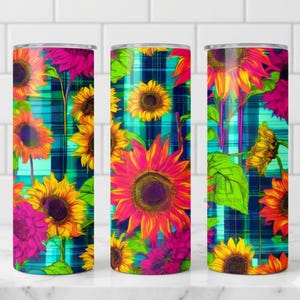 Retro Neon Solros Patchwork 20oz Tumbler Wrap, Livfull Blommig Sublimeringsdesign, Faux Textur Rutig Digital Nedladdning