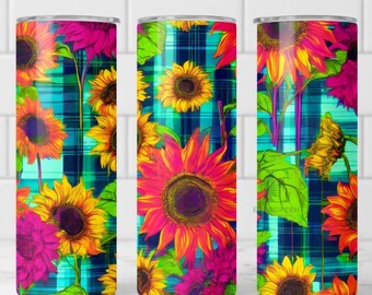 Retro neon zonnebloem patchwork 20oz beker wrap, levendige bloemen sublimatie ontwerp, faux textuur geruite digitale download