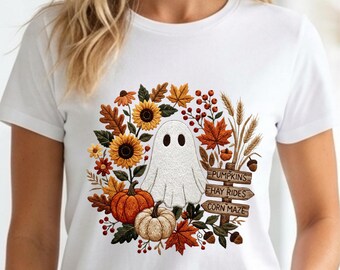 Spookje nepborduurwerk PNG, Herfst zonnebloem pompoen bord ontwerp, Herfst sublimatie digitale download, Halloween shirt PNG-bestand