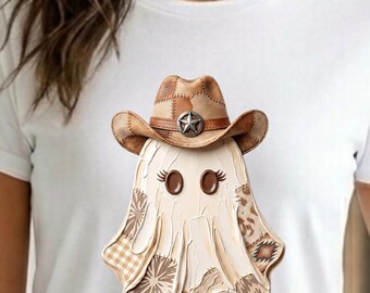 Landelijk spook PNG sublimatieontwerp, patchwork cowboyhoed spook, western gewatteerd spook digitale download, herfst Halloween shirt PNG