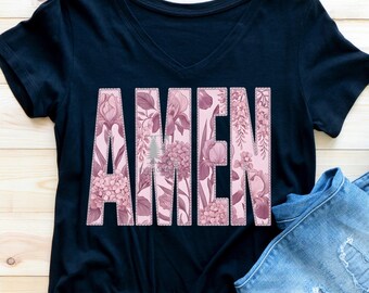 Floral Amen sublimatie PNG, stoffige roos faux strass digitaal ontwerp (digitale download)