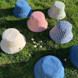 Jean bob / Vichy bob / Organic cotton bob / Handmade bucket hat, reversible, one size, unisex, in cotton fabric, hand embroidered.