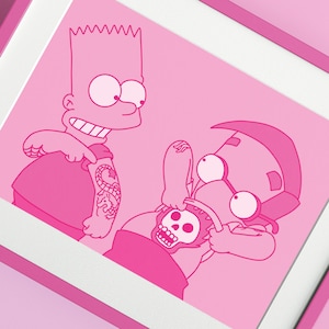 May include: Pink framed print featuring Bart Simpson with a tattoo and another character holding a skull. The artwork is in a cartoon style with a solid pink background and white frame. The characters are outlined in a darker shade of pink.