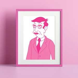 May include: A pink illustration of a person with a serious expression wearing a suit jacket and tie. The illustration is framed in a pink frame.