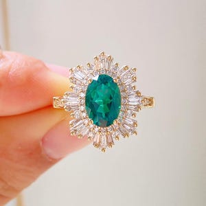 Art Deco Oval Emerald Engagement Ring, 14K Rose Gold Ring, Halo Baguette Cut Diamond Wedding Ring, Custom Gemstone Ring, Women&#39;s Ring