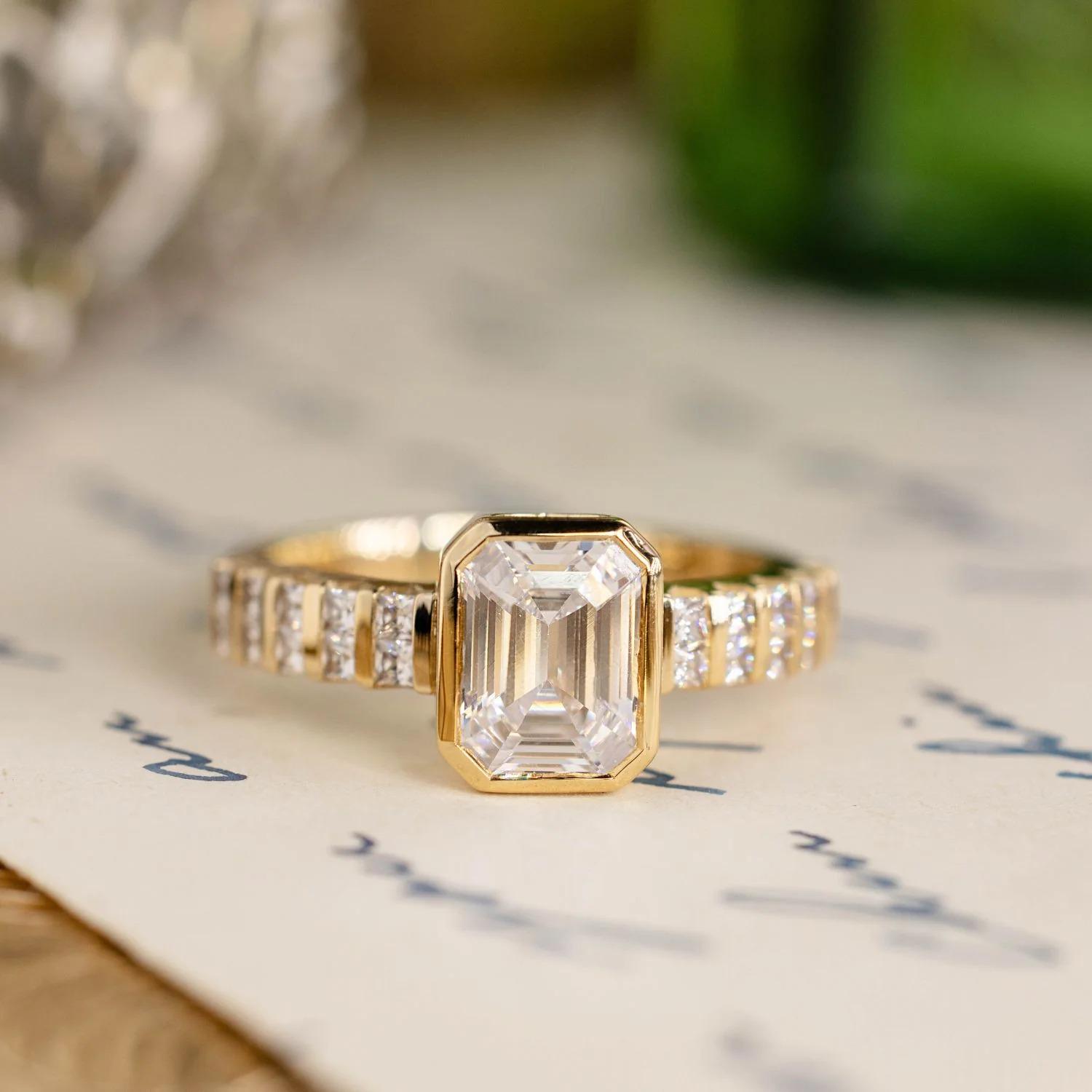 Emerald Cut Diamond Bezel Engagement Ring, 14K Solid Gold or Sterling ...