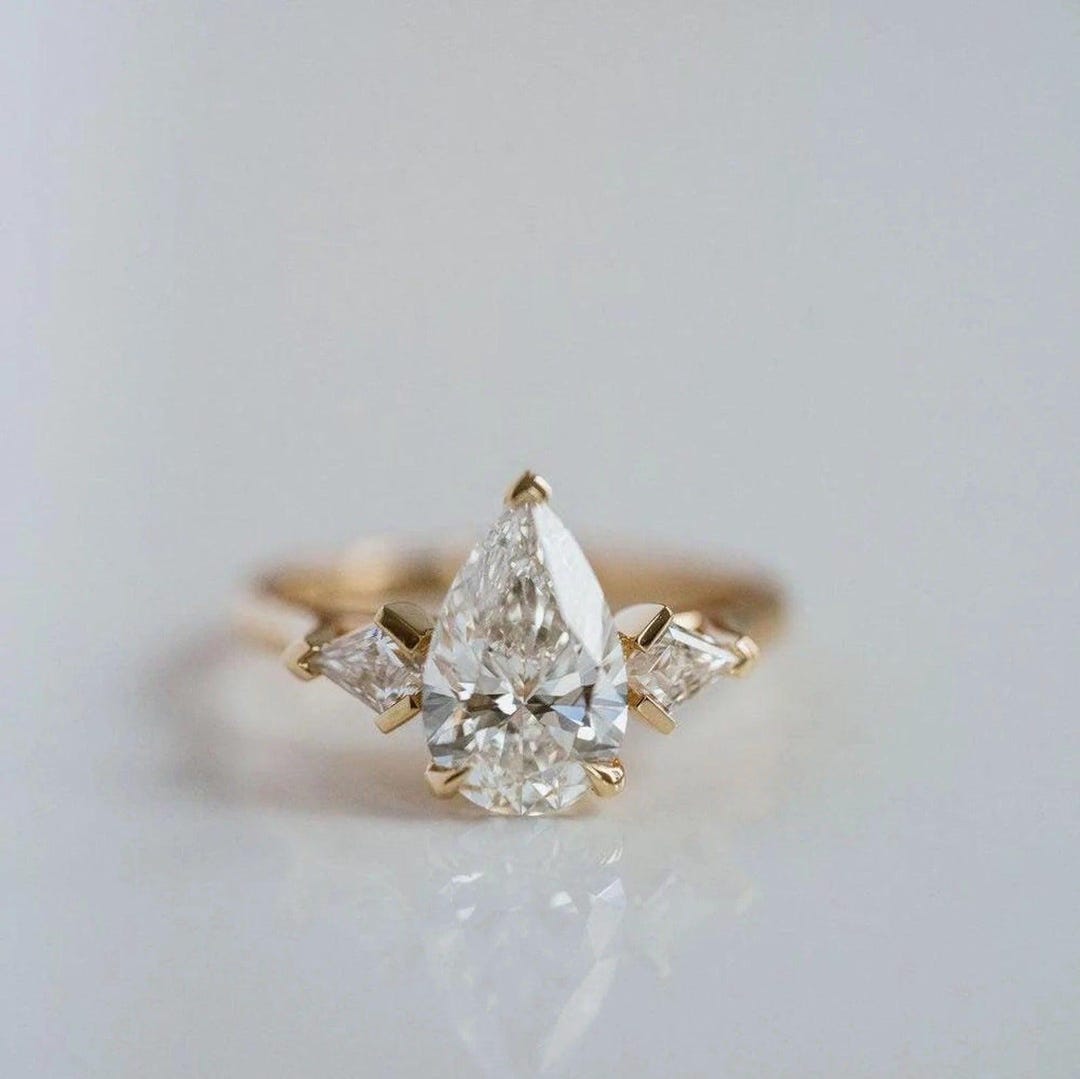 Three Stone 3 CT Pear Cut Moissanite Engagement Ring – 14K Solid Gold ...