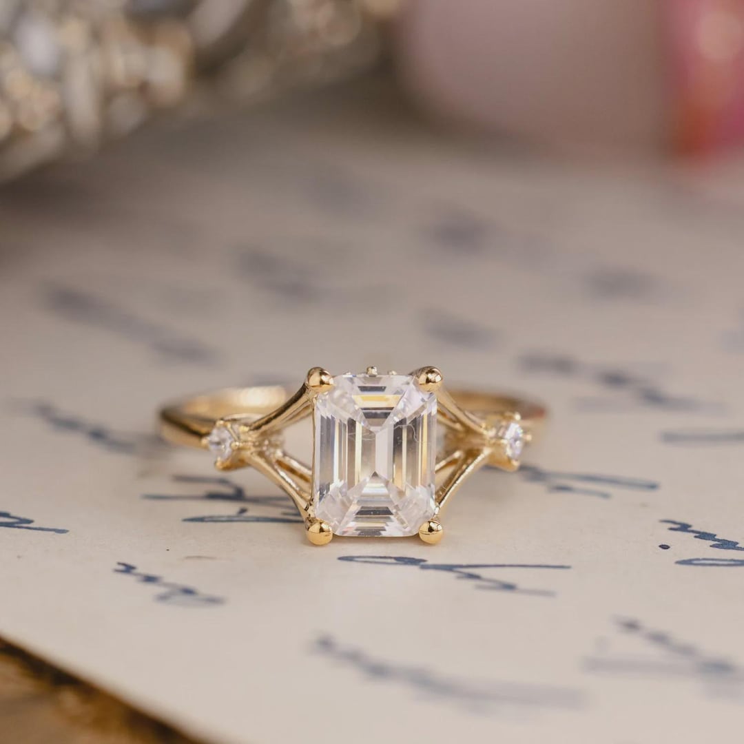 Emerald Cut Diamond Engagement Ring | Split Shank Princess Cut Accent ...