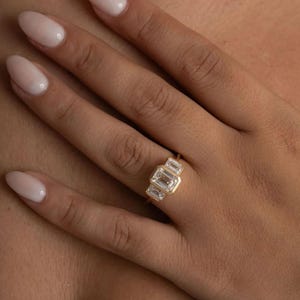 2.50 CT Emerald Cut Three Stone Moissanite Bezel Set Engagement Ring – Emerald Cut Diamond Ring - Unique Emerald Promise Ring