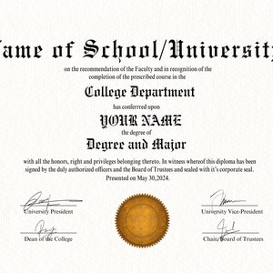 University College Degree Diploma Editable Canva Template Diploma Custom Graduation Printable Certificate with Gold Seal Fake Replica