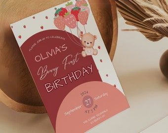 Sweet Berry Bear Birthday Invitation, Editable Template for Girls 1st Bday Party, Pink Balloon Theme, Canva Printable Customizable invite