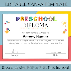 Editable Preschool Diploma Template, Printable Preschool Graduate Certificate, Personalized Kids Preschool sign, Kids Printables in Canva