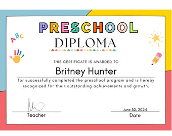 Plantilla editable para diploma de preescolar, certificado imprimible para graduado de preescolar, letrero personalizado para preescolar, imprimibles para niños en Canva