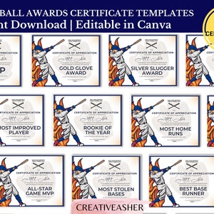 Puede incluir: Un conjunto de 45 certificados de premio de béisbol imprimibles con un jugador de béisbol de dibujos animados con un uniforme blanco y azul balanceando un bate. Los certificados están diseñados con un fondo blanco, acentos azules y amarillos, y el texto "Certificado de Apreciación".
