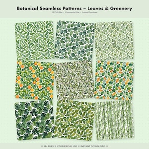 May include: A selection of botanical seamless patterns showcasing diverse green leaf and greenery designs. The patterns include various leaf shapes, orange citrus fruits, and bamboo stalks. The image includes the text "Botanical Seamless Patterns - Leaves & Greenery".