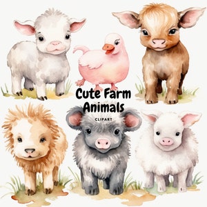 Cute Watercolor Baby Farm Animals Clip art Bundle (Goat, Pig, Cow, Sheep & More) Transparent Background, PNG Files, Instant Download