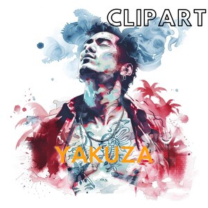 Puede incluir: Una pintura de acuarela de un hombre con un tatuaje en el pecho. El hombre lleva una chaqueta roja y tiene una expresión seria en su rostro. La palabra "YAKUZA" está escrita en letras naranjas en la parte inferior de la imagen. El fondo es una acuarela azul y roja.