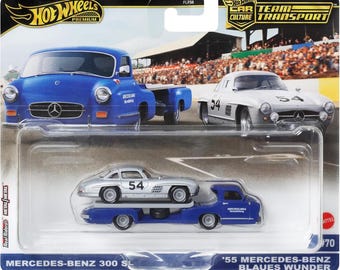 Hot Wheels 1:64 Mercedes-Benz 300 SL & '55 Mercedes-Benz Blaues Wunder – Team Transport #70 HRV48 FLF56 Die-Cast Model