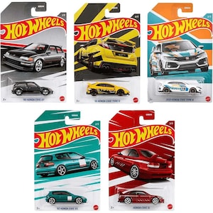 May include: A set of five Hot Wheels die-cast cars featuring different generations of the Honda Civic. The cars are displayed on their individual packaging, each with a unique colour scheme and design. The packaging features the Hot Wheels logo and the car's name and year.
