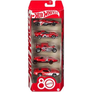 May include: A red Hot Wheels 5-car pack. The cars are various models, including a race car, a sports car with the number 80, a Bone Shaker, and two other unique designs. The packaging is red and white with the Hot Wheels logo.