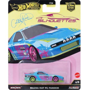 Puede incluir: Un coche de fundición a presión Hot Wheels azul, verde y rosa con las palabras "MAZDA RX7 FC PANDEM" impresas en la parte inferior de la tarjeta. El coche es una réplica de un Mazda RX7 modificado.