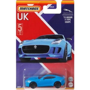 May include: A blue Matchbox die-cast toy car model of a 2015 Jaguar F-Type Coupe. The car is on a red, white, and blue background with the words "UK" and "Matchbox" printed on the card.