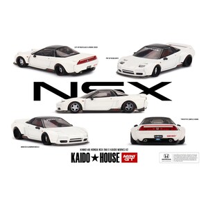 May include: White Honda NSX model car with red accents and black wheels. The car is a 1/64 scale model and is part of the Kaido House Mini GT series. The car has pop-up headlights and a lift-up rear glass and engine cover.