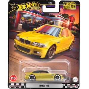 May include: A yellow die-cast toy car model of a BMW M3 in a clear plastic display case. The car is on a black and white checkered background with the text "BMW M3" below it. The car is part of the Hot Wheels Premium Boulevard series.