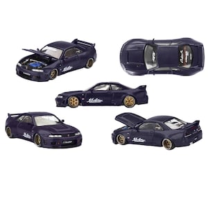 May include: Multiple views of a dark blue model car with gold-colored rims. The car has a carbon fiber texture and a spoiler. Some views show the hood open, revealing engine details.
