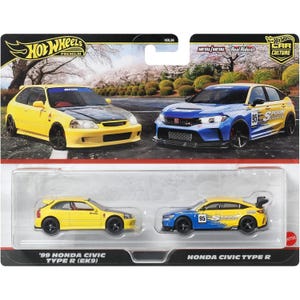 Può includere: Un set Hot Wheels Premium con due modelli Honda Civic Type R. La fila superiore mostra una Civic '99 gialla e una Civic blu e gialla. La fila inferiore mostra le stesse auto in miniatura. La confezione include il testo "'99 Honda Civic Type R (EK9)" e "Honda Civic Type R".