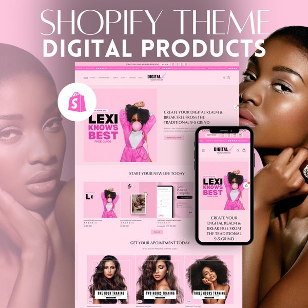 Pink Shopify Theme for Selling Digital Products Ecommerce Business Minimal Website Template Online Store Design Printables Canva Banners 2.0
