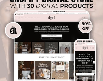 Pink Shopify Theme: 30 Digital Products, Editable Canva Banners