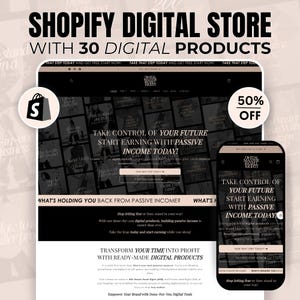 Könnte beinhalten: Ein Computerbildschirm und ein Mobiltelefon zeigen eine Website mit dem Text "Übernehmen Sie die Kontrolle über Ihre Zukunft. Beginnen Sie, passives Einkommen zu erzielen, noch heute!" Die Website bewirbt digitale Produkte zum Verkauf. Die Website ist in einem Schwarz-Weiß-Farbschema mit einem rosa Akzent gestaltet. Der Text "50% Rabatt" wird in der oberen rechten Ecke des Bildes angezeigt.