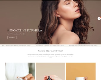 Haircare Shopify Theme: Beige Style, Customizable Canva Templates