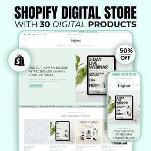 Grün Mint Shopify Theme: 30 Digitale Produkte, bearbeitbare Canva Vorlagen
