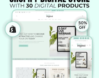 Green Mint Shopify Theme: 30 Digital Products, Editable Canva Templates
