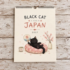 Svart kattkalender 2027, väggkalender med ett år i Japan, söt kattpresent till kattälskare, resetema för Japan, planerare