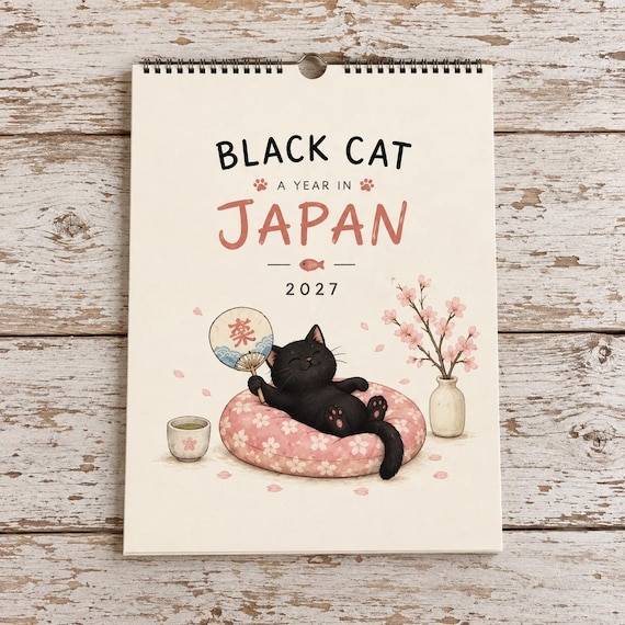 2027 Black Cat Calendar, A Year in Japan Wall Calendar, Cute Cat Gift for Cat Lovers, Japan Travel Theme, Planner