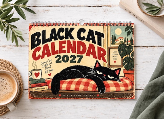 2027 Black Cat Calendar, Funny Vintage Cat Wall Calendar, Retro Cat Decor, Personalized Cat Lover Gift, Humorous Kitten Calendar