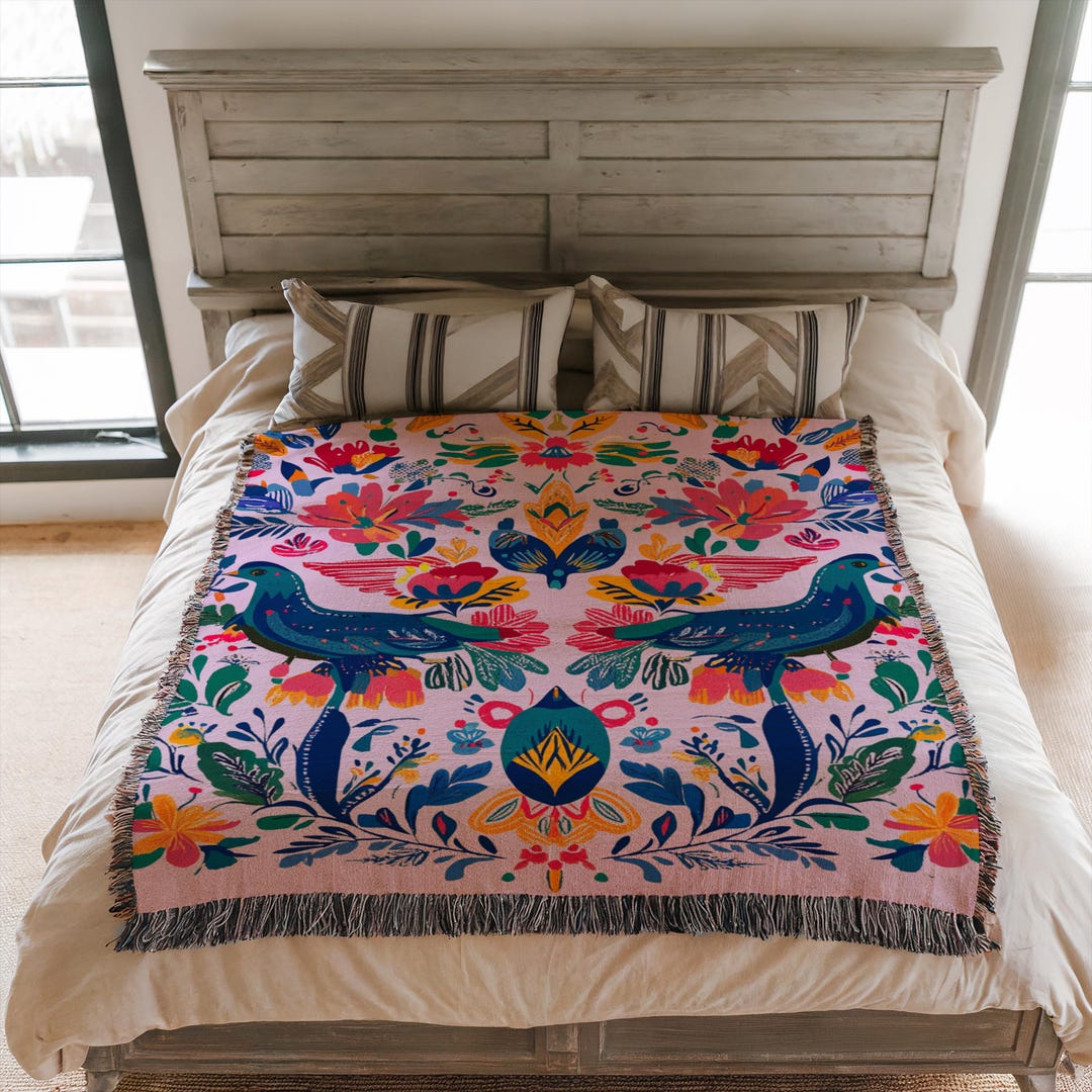 Otomi Bird Floral Woven Blanket – Colorful Mexican Folk Art Throw, Boho ...