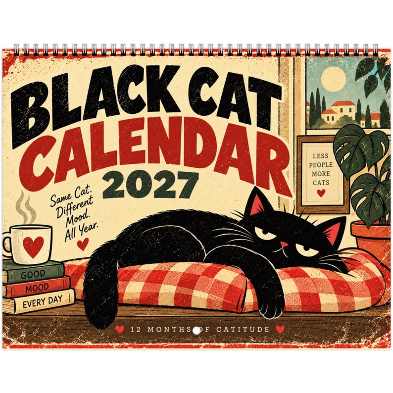 2027 Black Cat Calendar, Funny Vintage Cat Wall Calendar, Retro Cat Decor, Personalized Cat Lover Gift, Humorous Kitten Calendar image 2