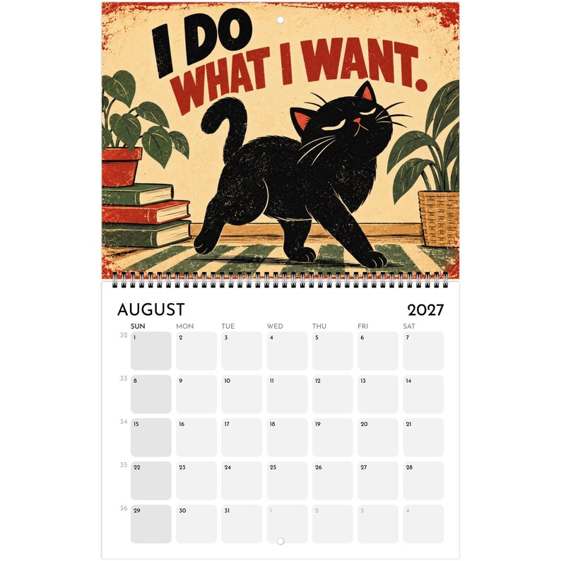 2027 Black Cat Calendar, Funny Vintage Cat Wall Calendar, Retro Cat Decor, Personalized Cat Lover Gift, Humorous Kitten Calendar image 10